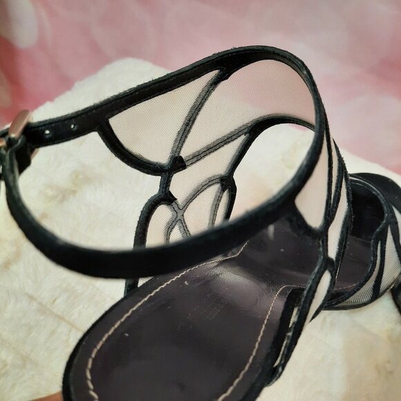 La Canadienne Black Suede Mesh Heels Sandals Size 39 US 8.5 Ankle Strap Italy - Picture 10 of 12